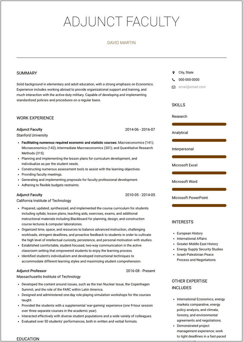 Resume Sample For Adjunct Instructor