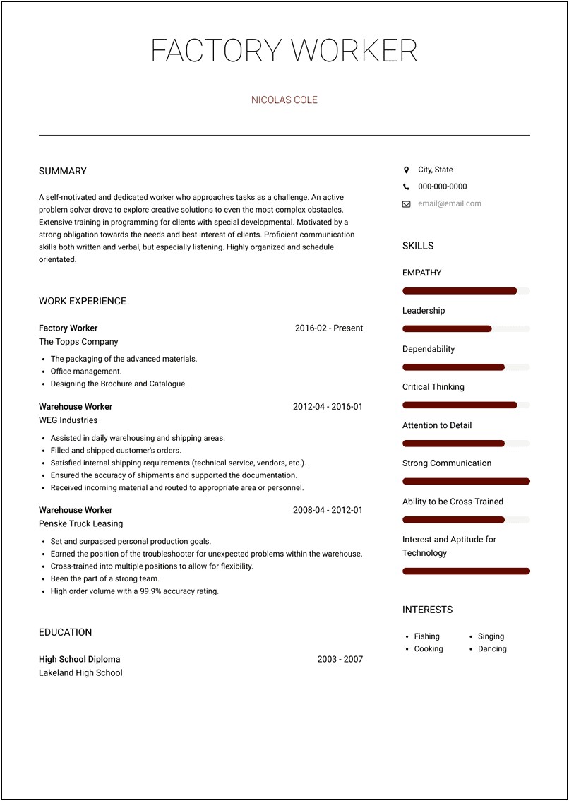 Resume Sample For Afactory Worker