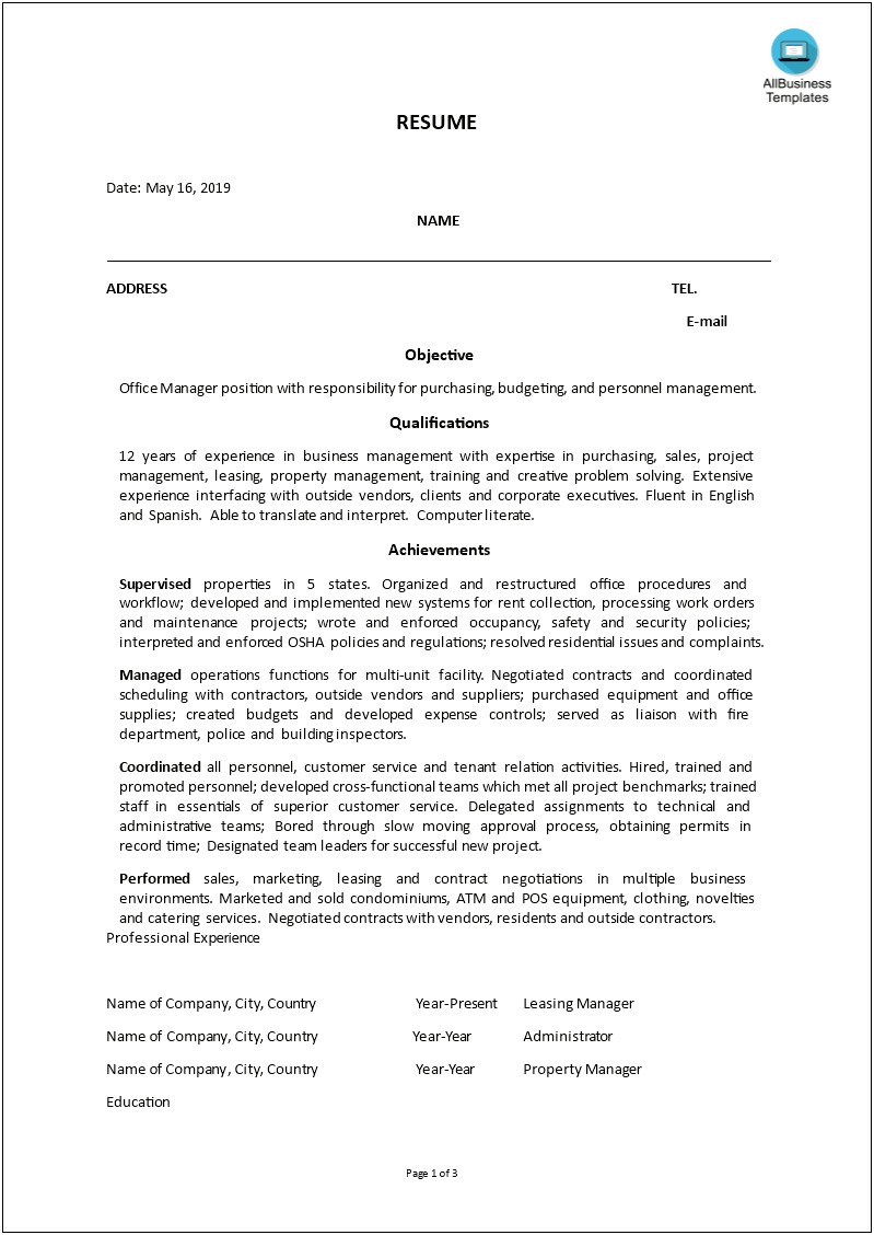 Resume Sample For An Experienced Office Manager