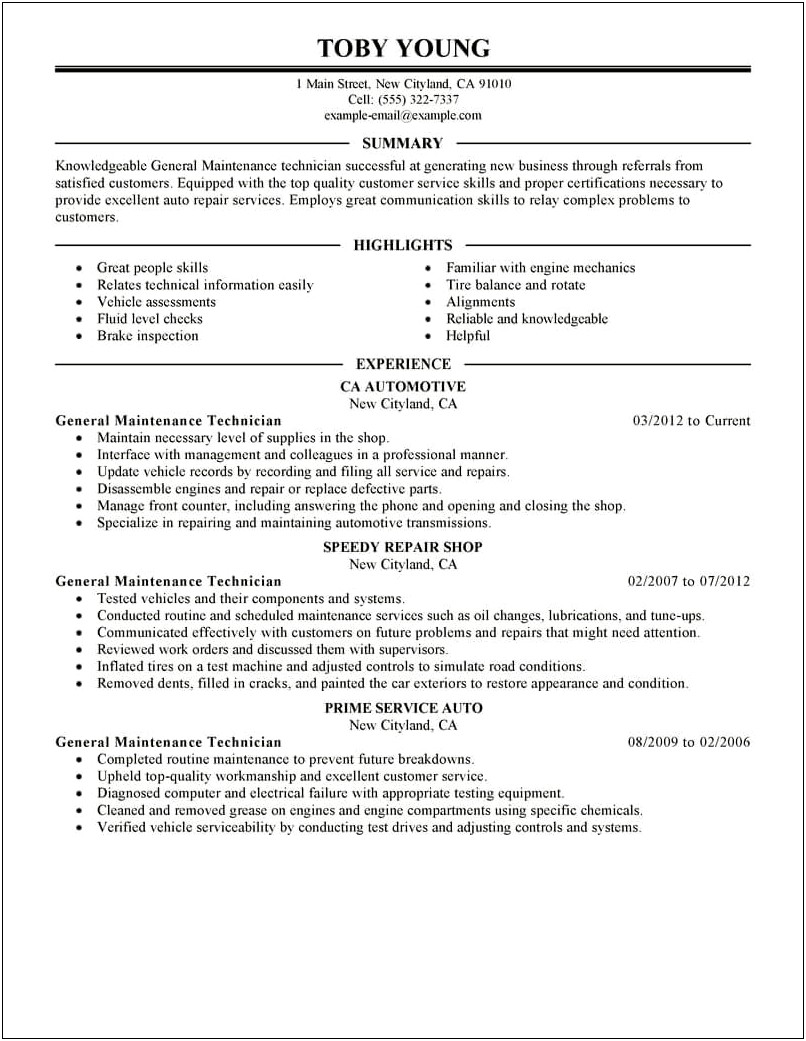Resume Sample For Automotive Service Technician