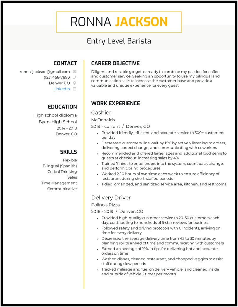 Resume Sample For Barista With Experience
