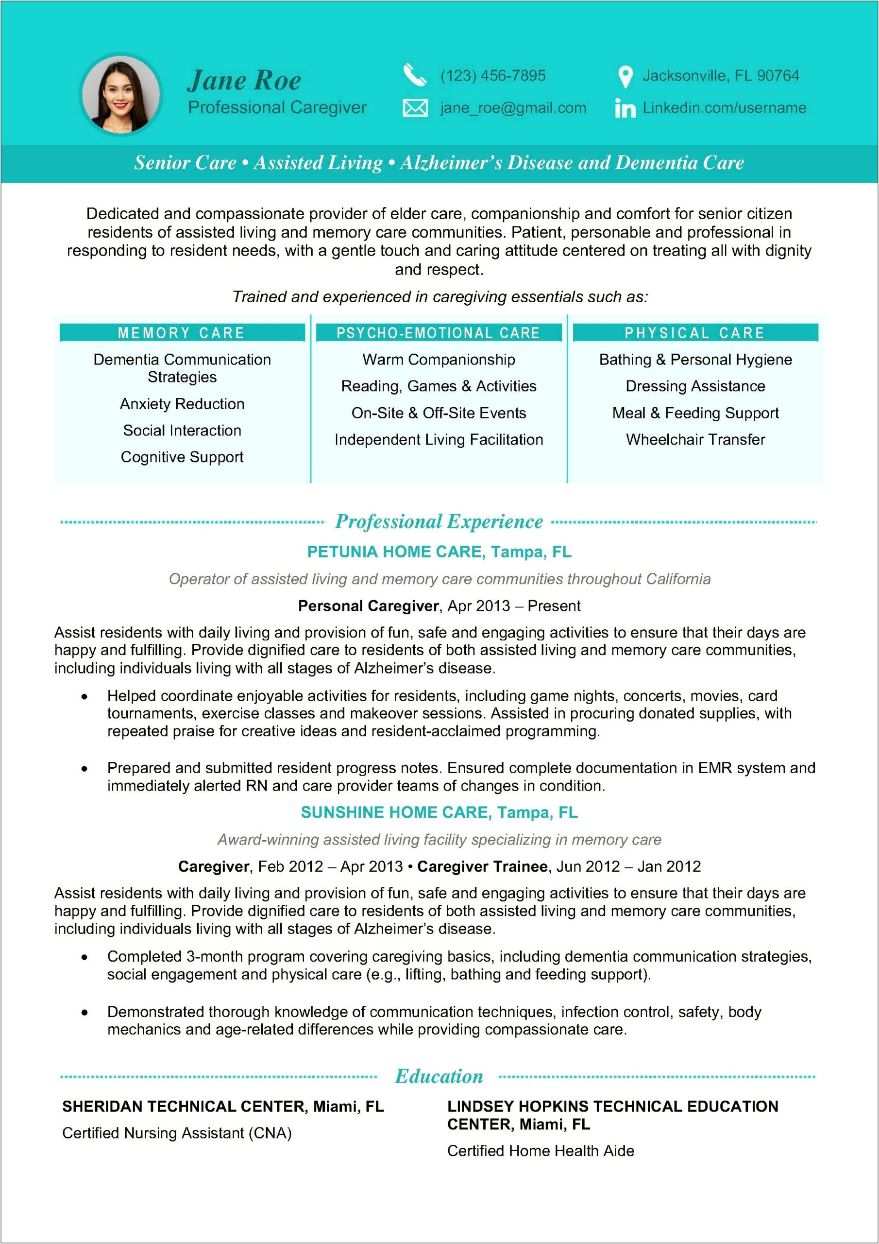 Resume Sample For Care Giver