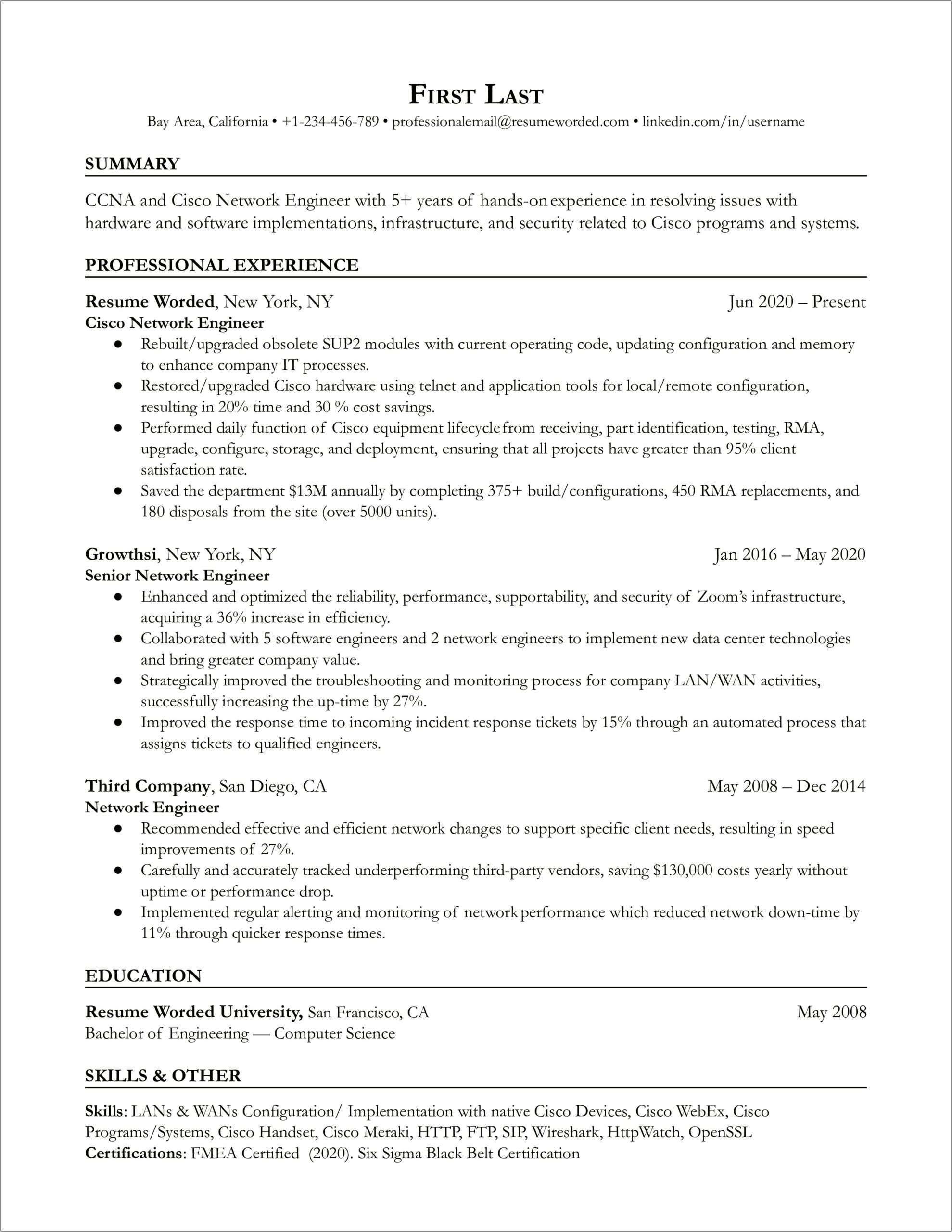 Resume Sample For Ccna Fresher