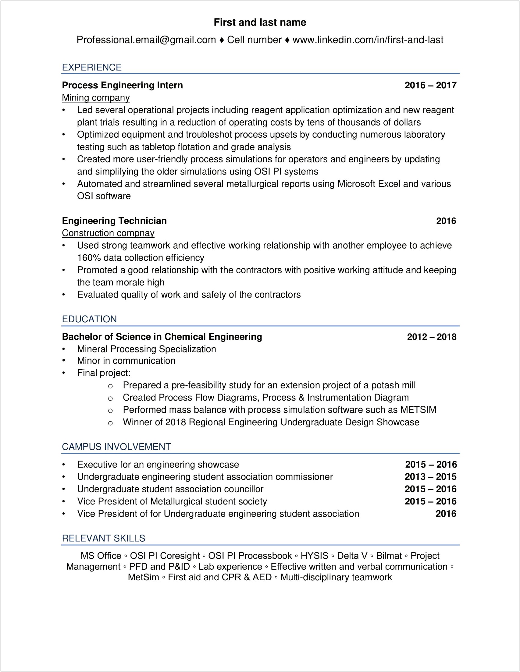Resume Sample For Chemical Engineering Student