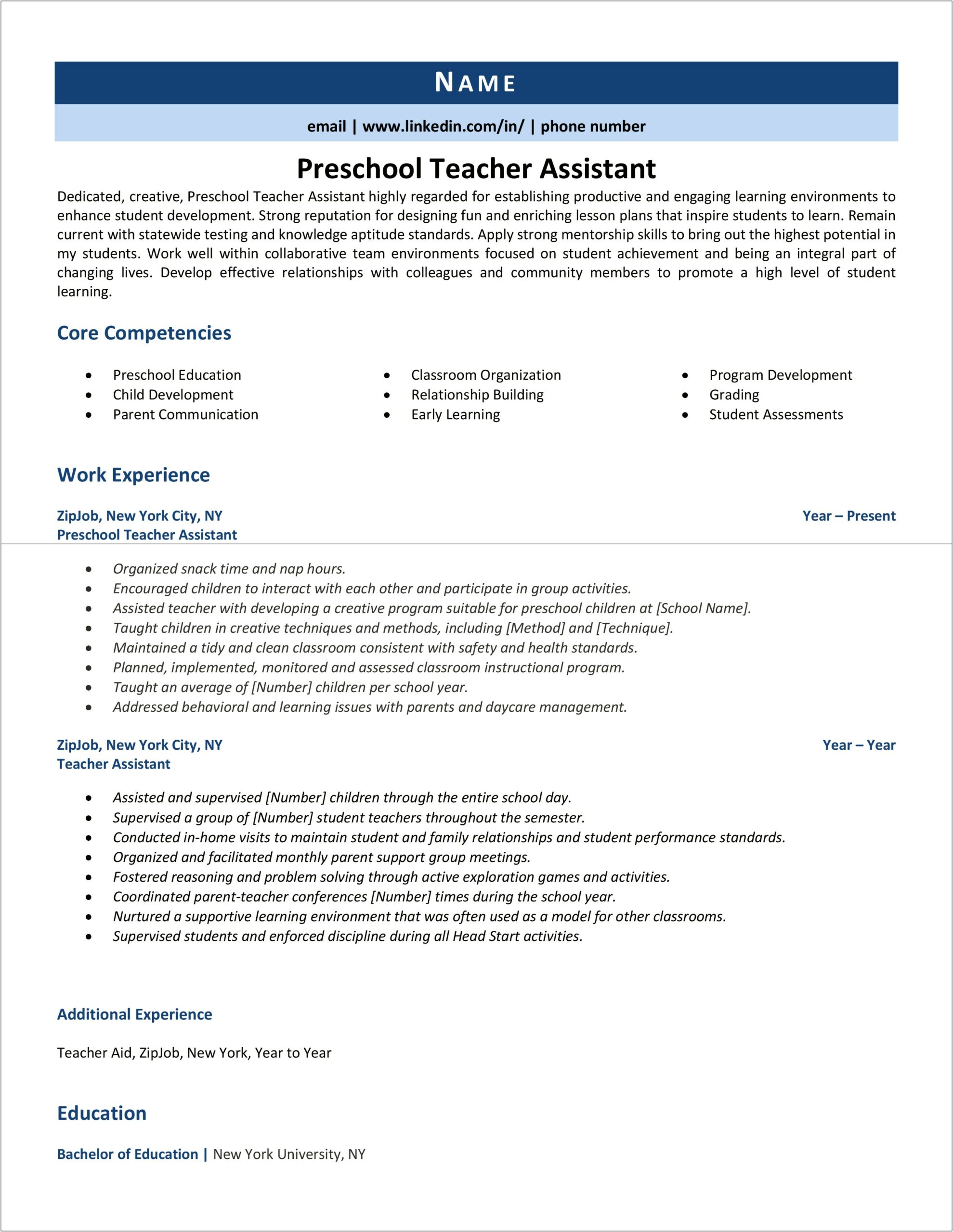 Resume Sample For Child Care Teacher