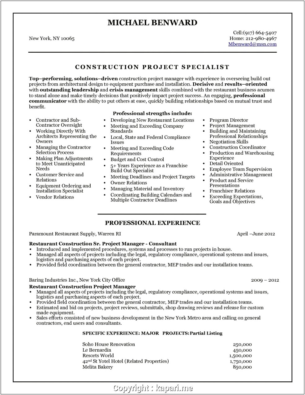 Resume Sample For Construction Sales
