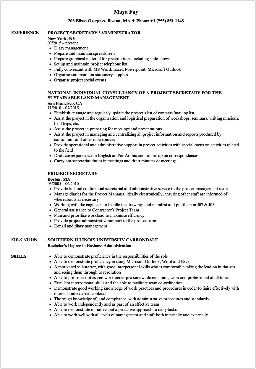 Resume Sample For Construction Secretary