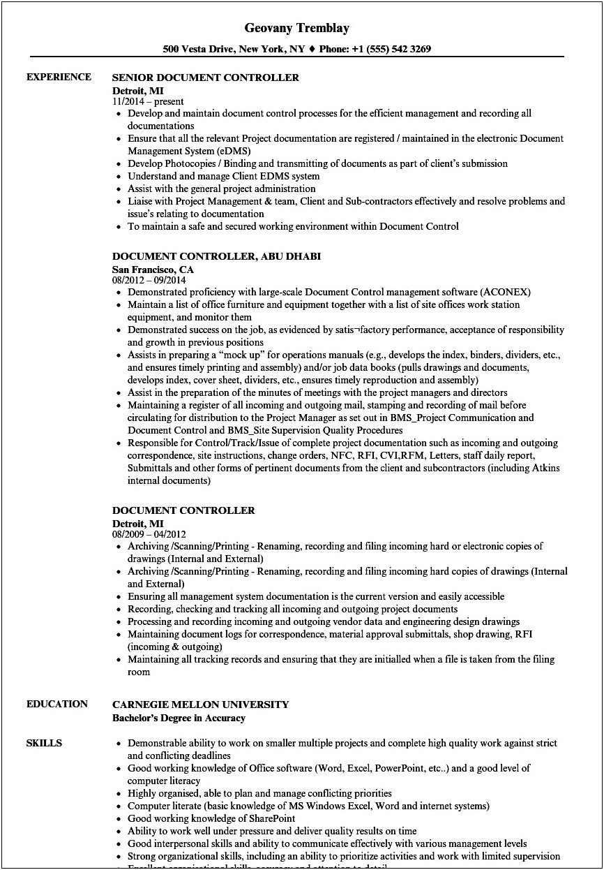 Resume Sample For Controller At College University