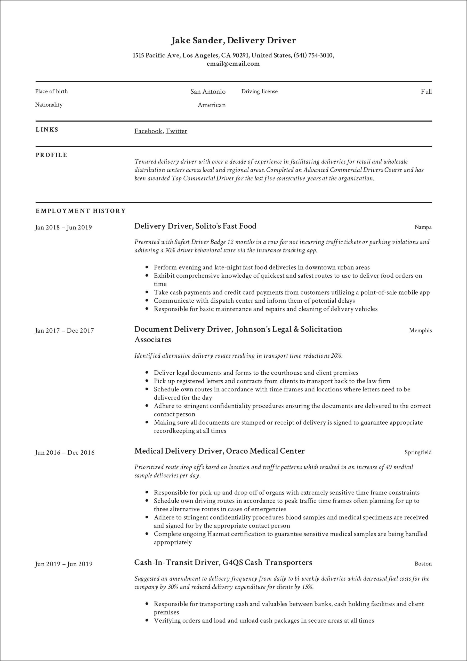 Resume Sample For Delivery Driver