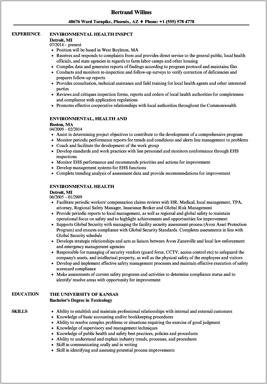 Resume Sample For Environmental Health And Engineer
