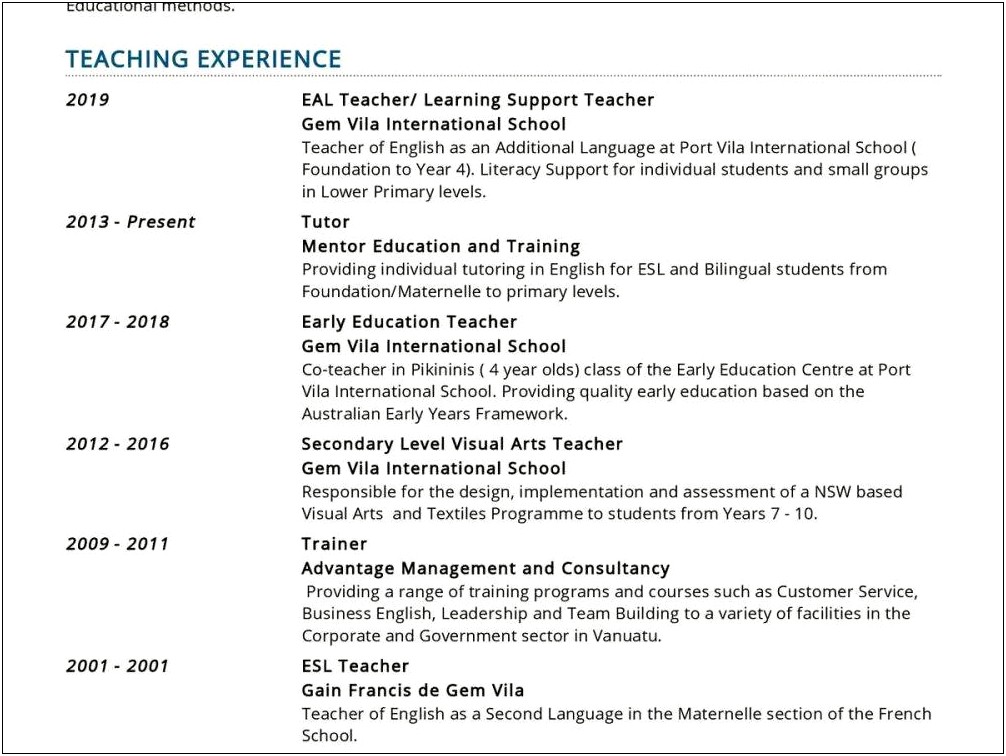 Resume Sample For Esl Teacher