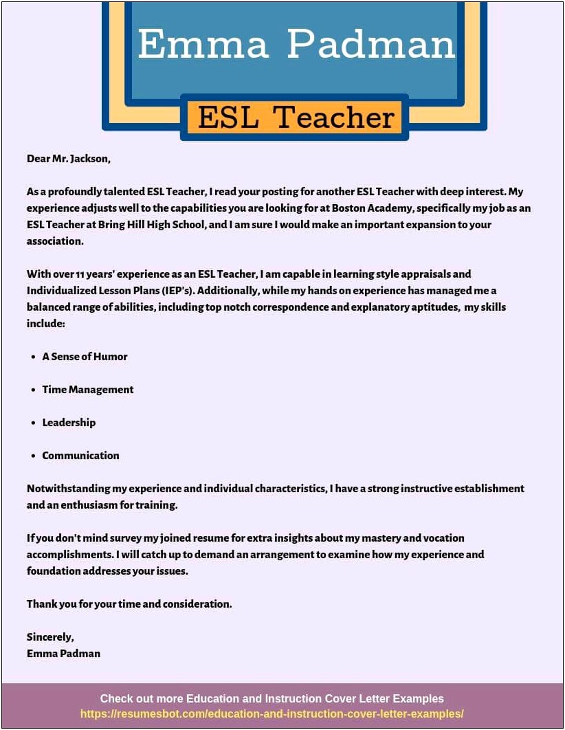 Resume Sample For Esl Teaching Position