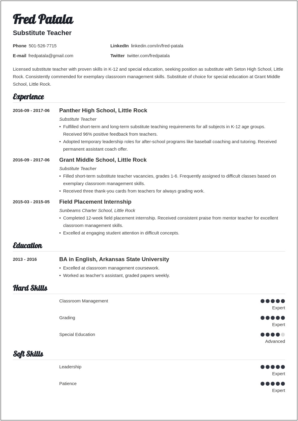 Resume Sample For First Time Substitute Teacher