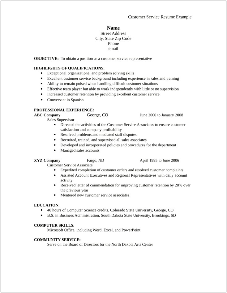 Resume Sample For Guest Service Position