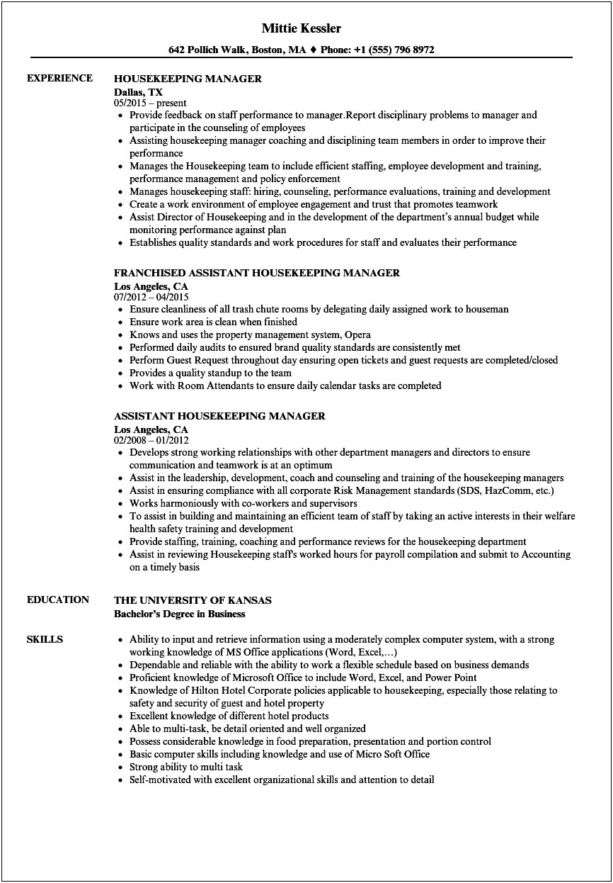 Resume Sample For Houseman In A Hotel