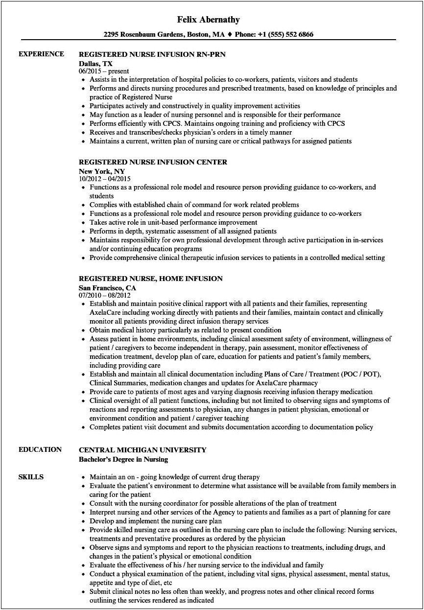 Resume Sample For Iv Nurse