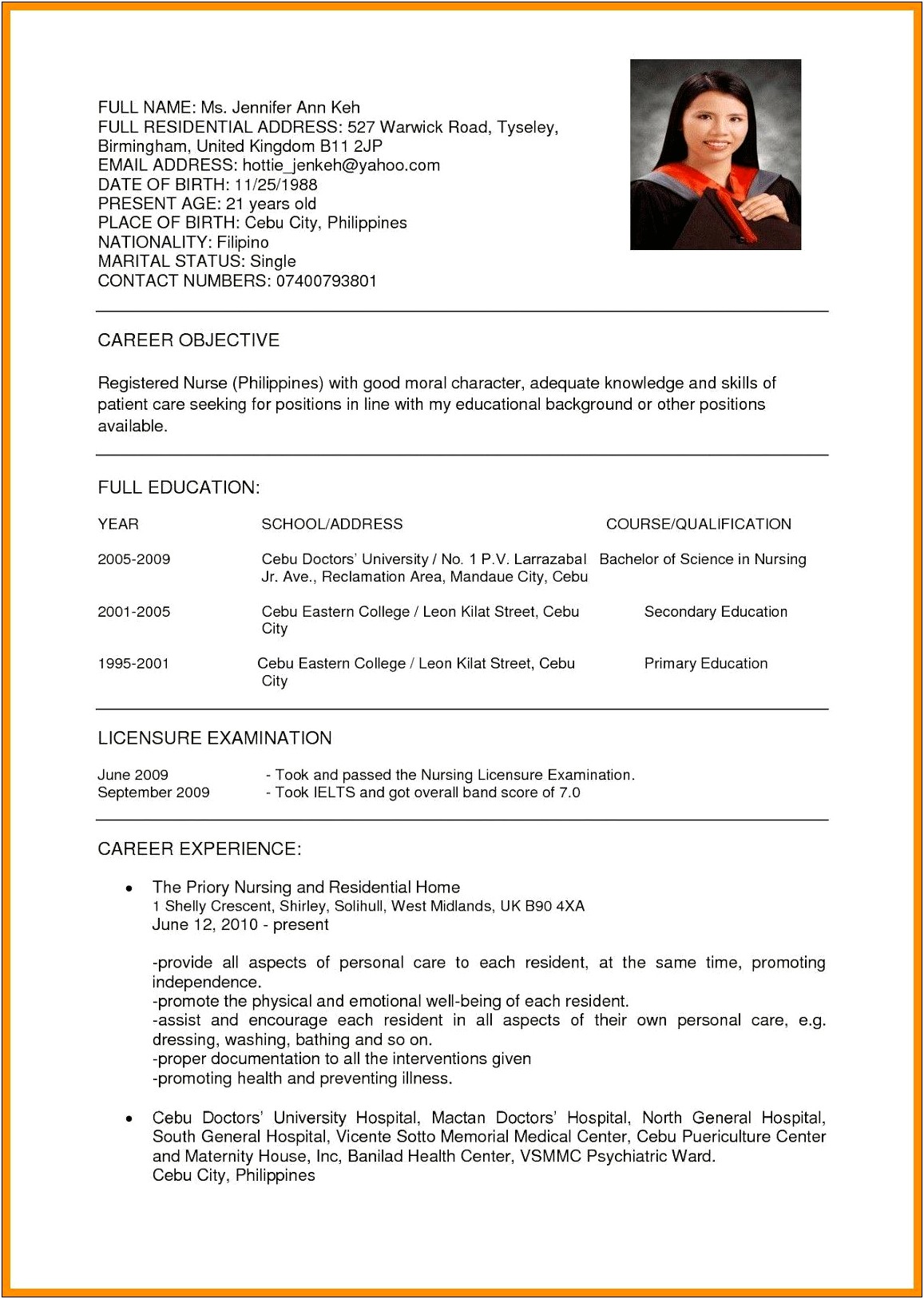 Resume Sample For Job Philippines
