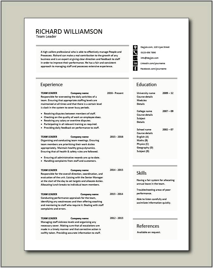 Resume Sample For Lead Position