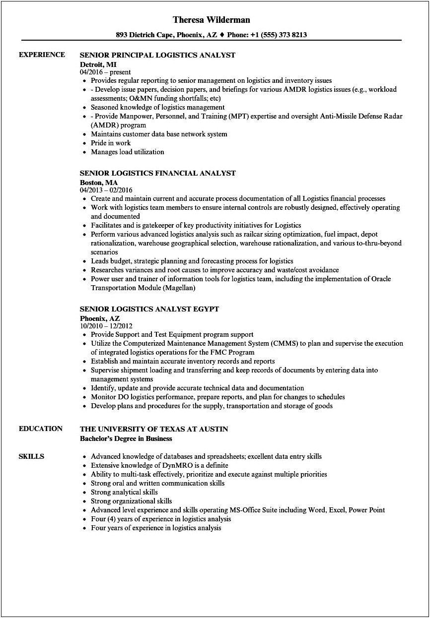 Resume Sample For Logistic Analyst