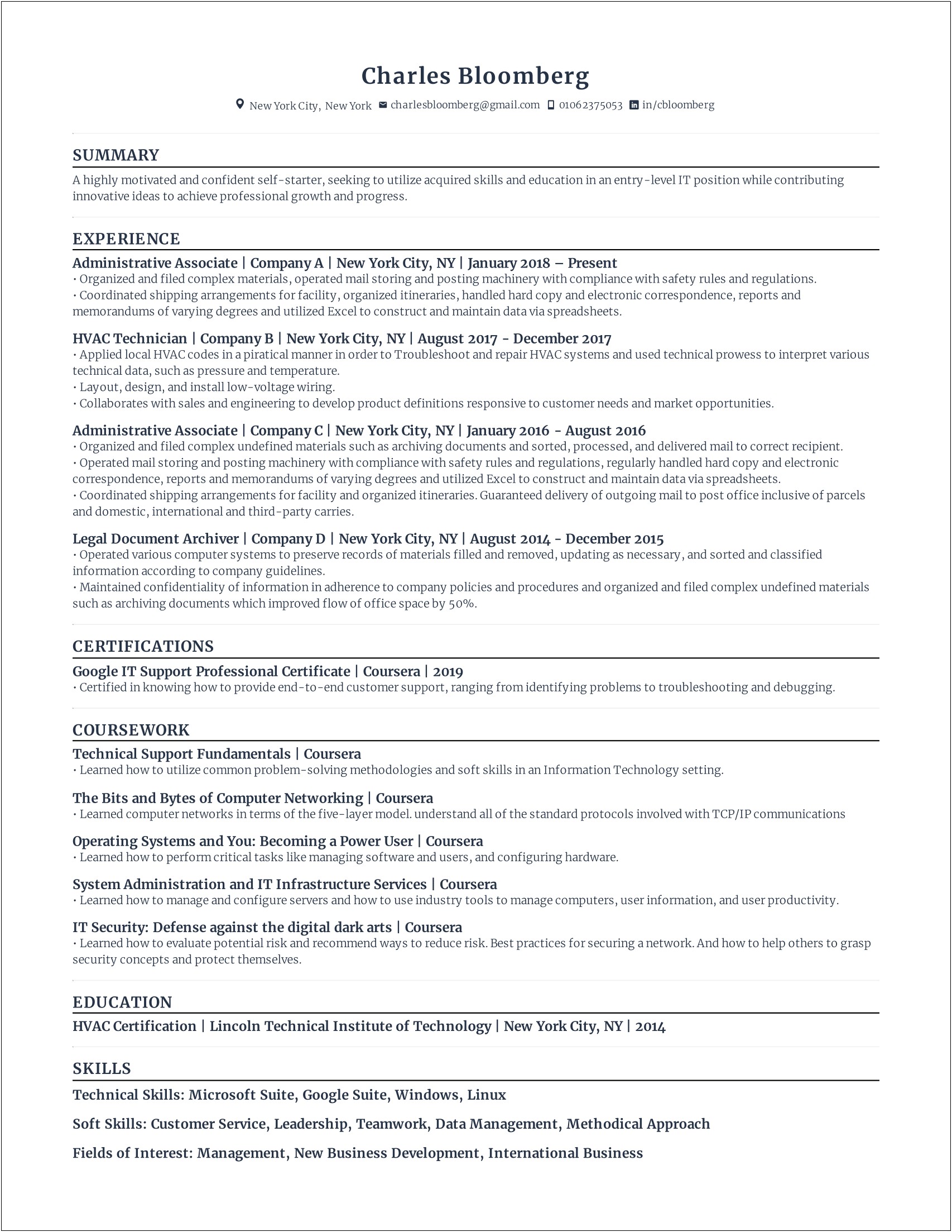 Resume Sample For Low Voltage It Technician