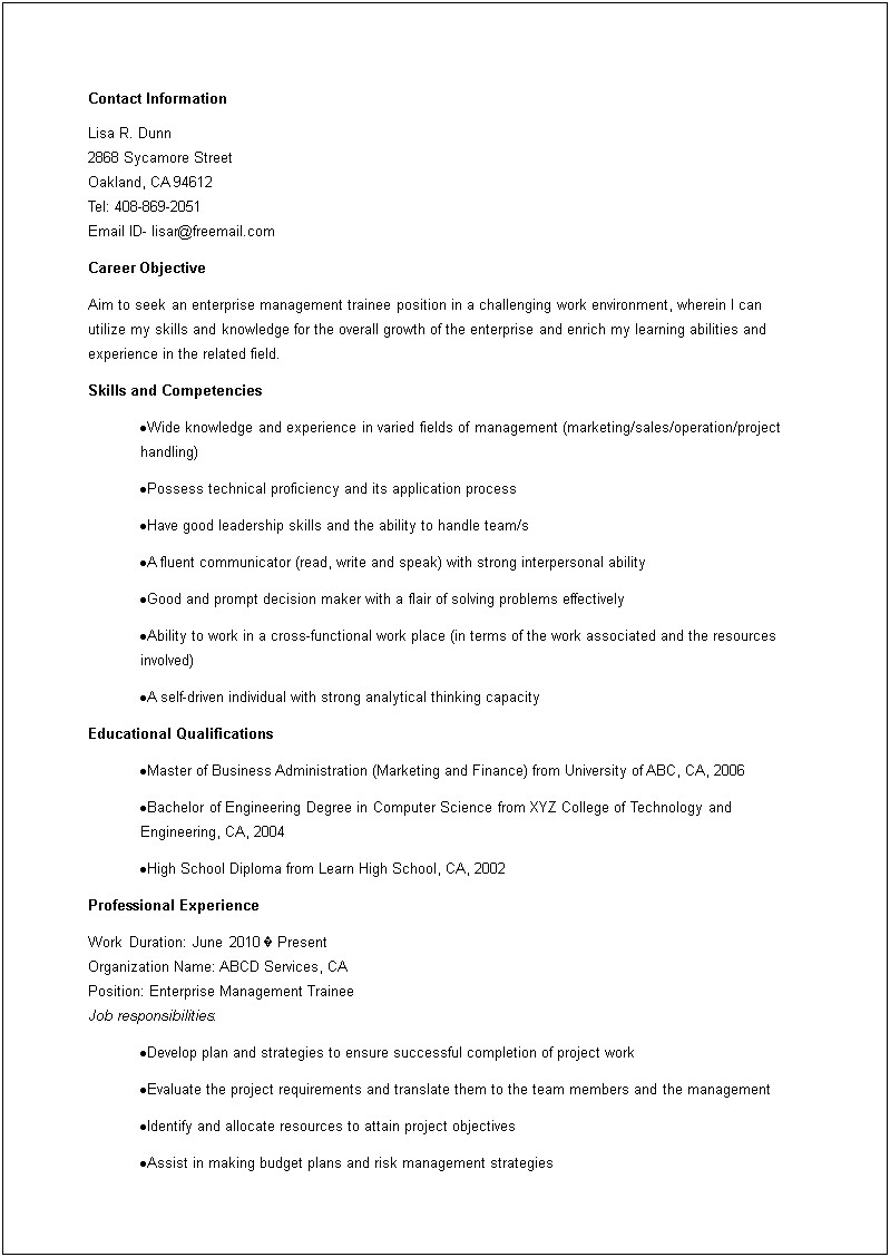 Resume Sample For Management Trainee Position