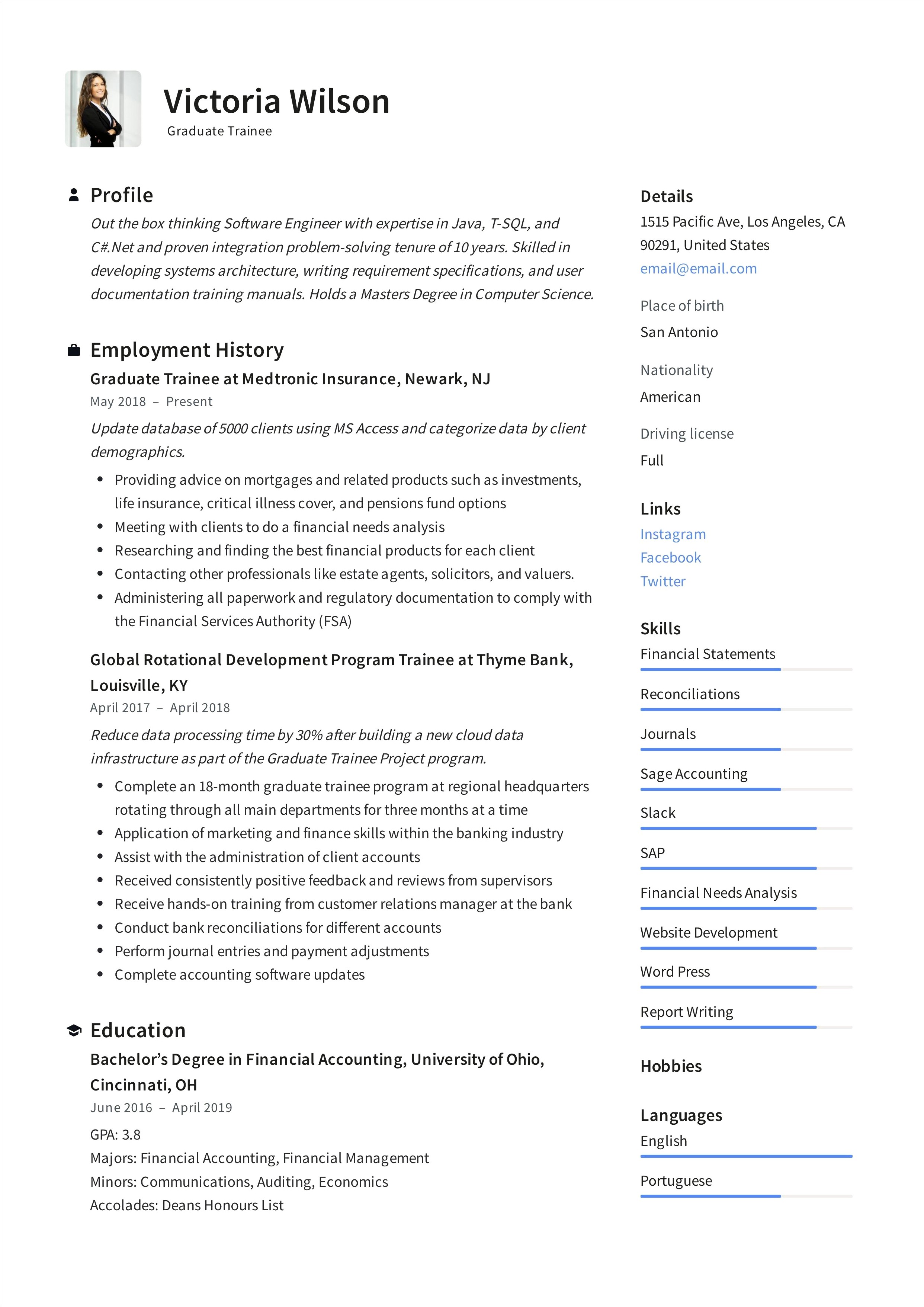 Resume Sample For Manager Trainee
