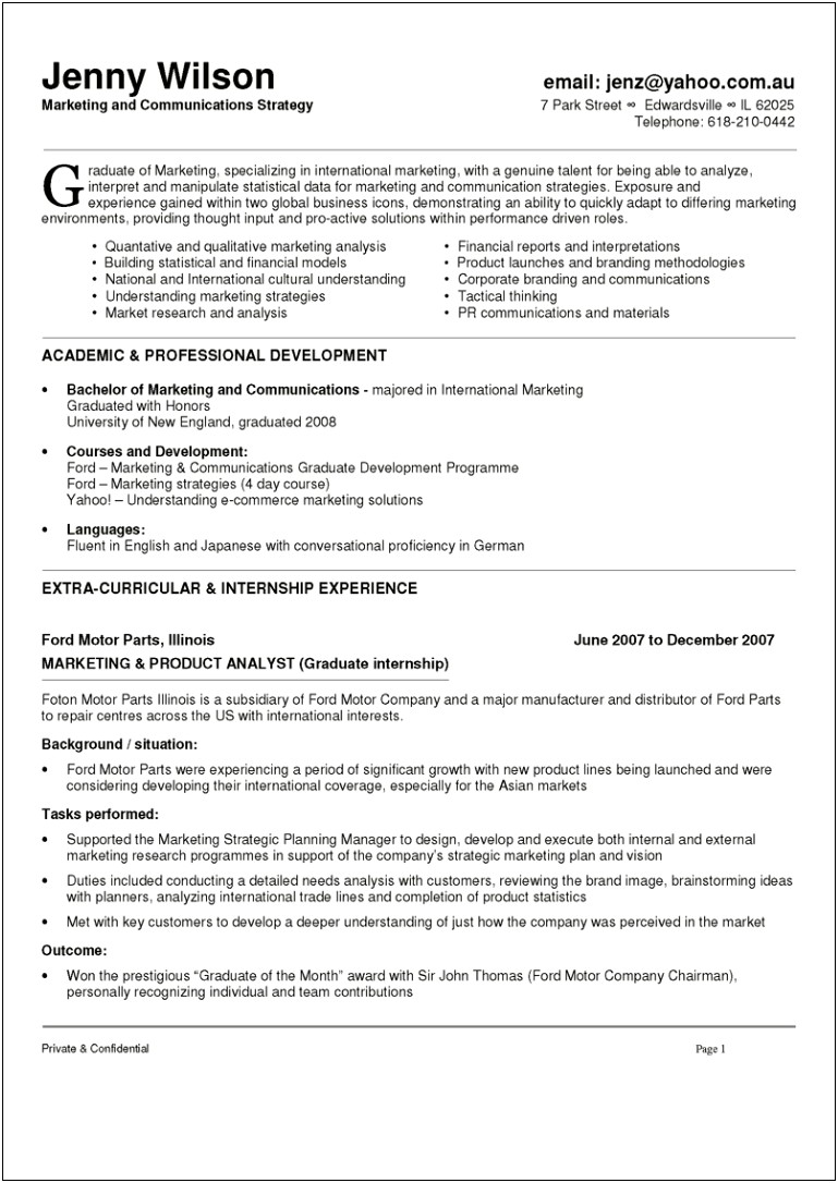 Resume Sample For Marketing Student