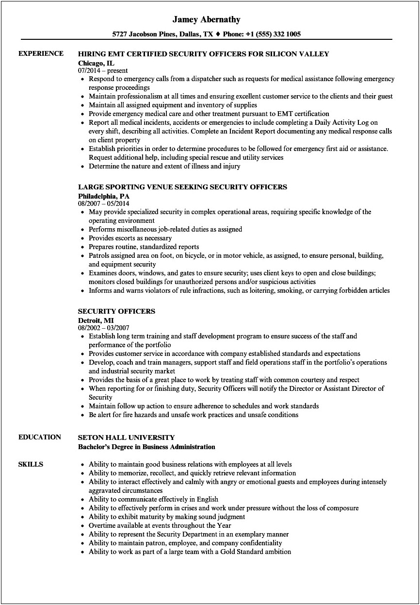 Resume Sample For New Security Guard