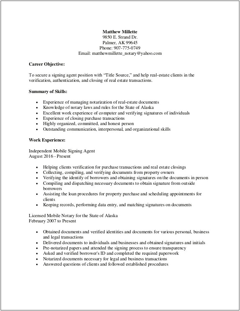 Resume Sample For Notary Public