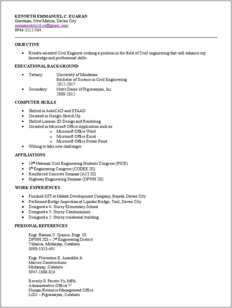 Resume Sample For Ojt Civil Engineering