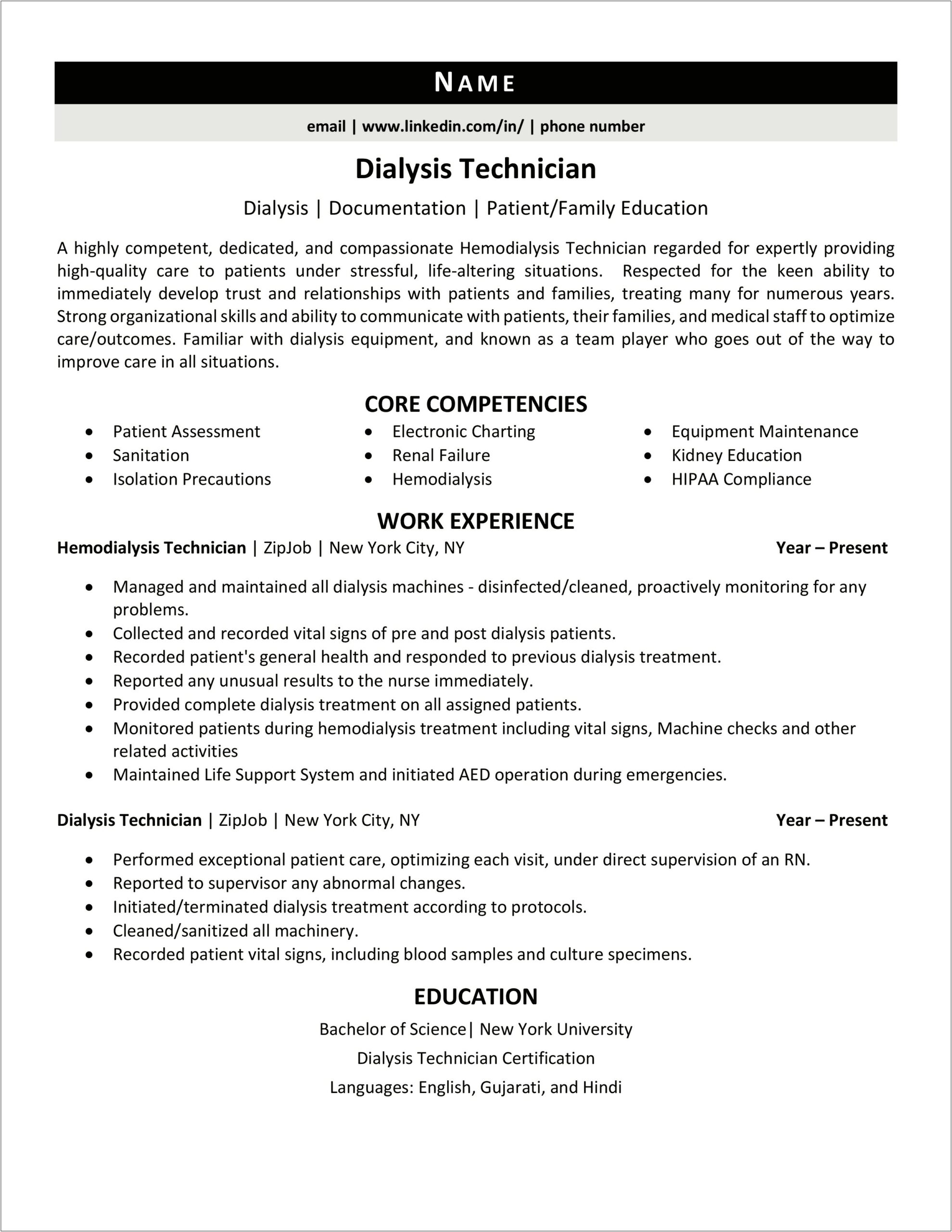 Resume Sample For Patient Care Technician