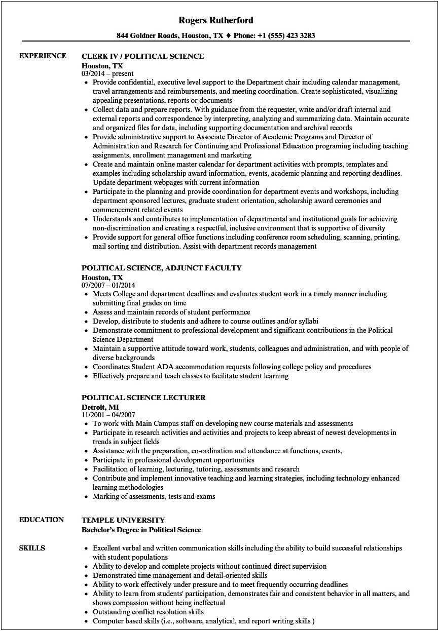 Resume Sample For Political Science Job