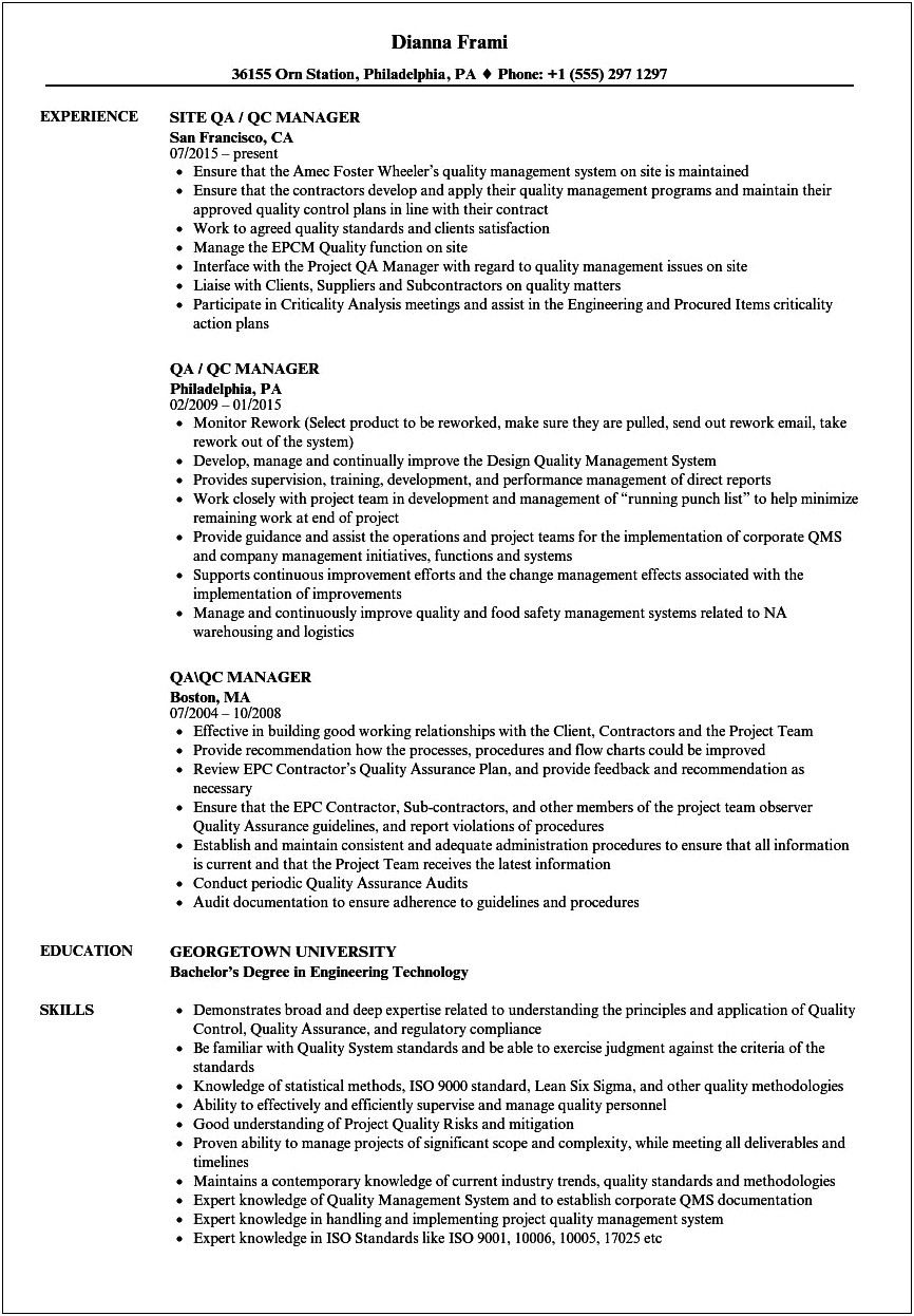 Resume Sample For Quality Control Manager