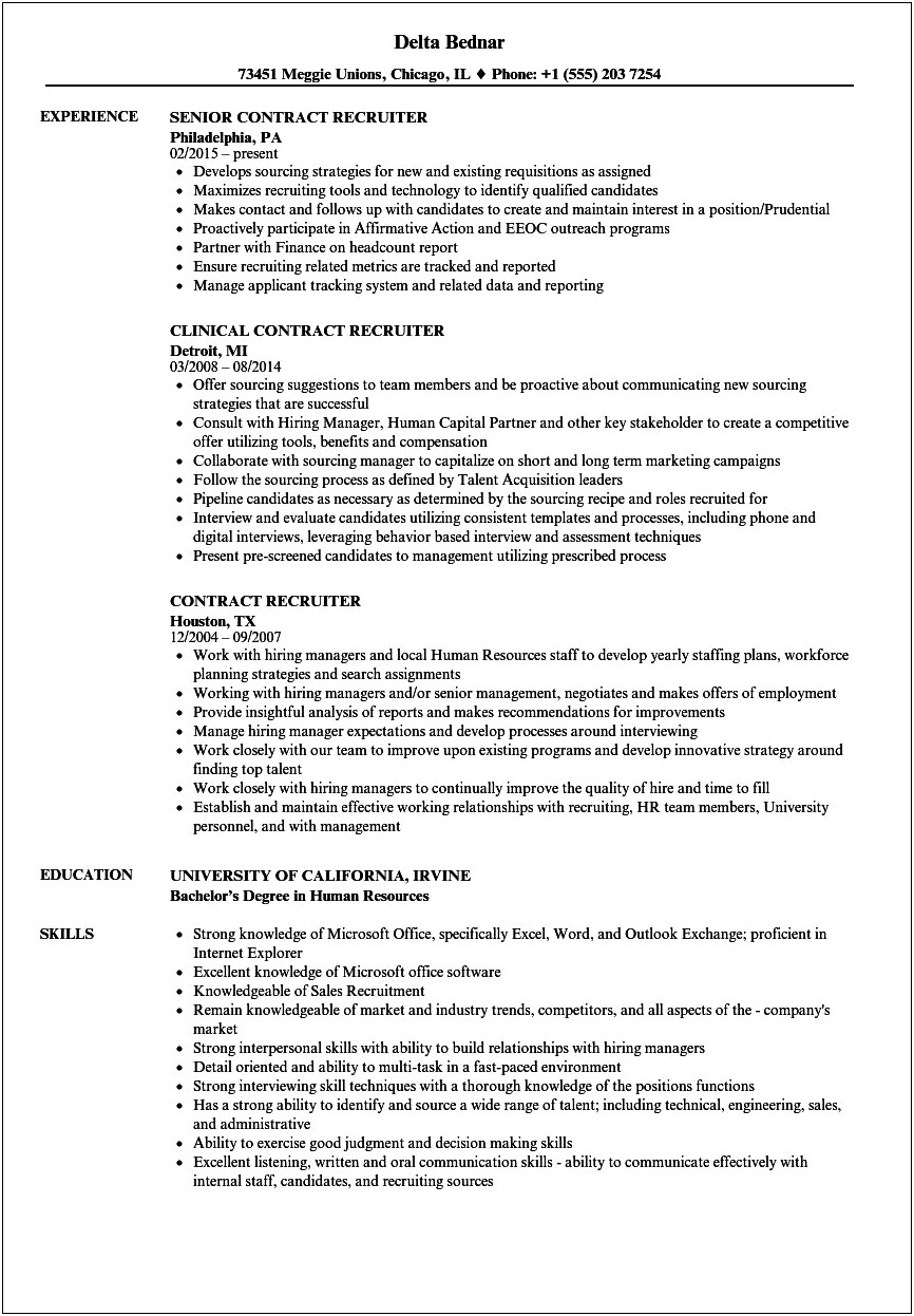 Resume Sample For Recruiter Position
