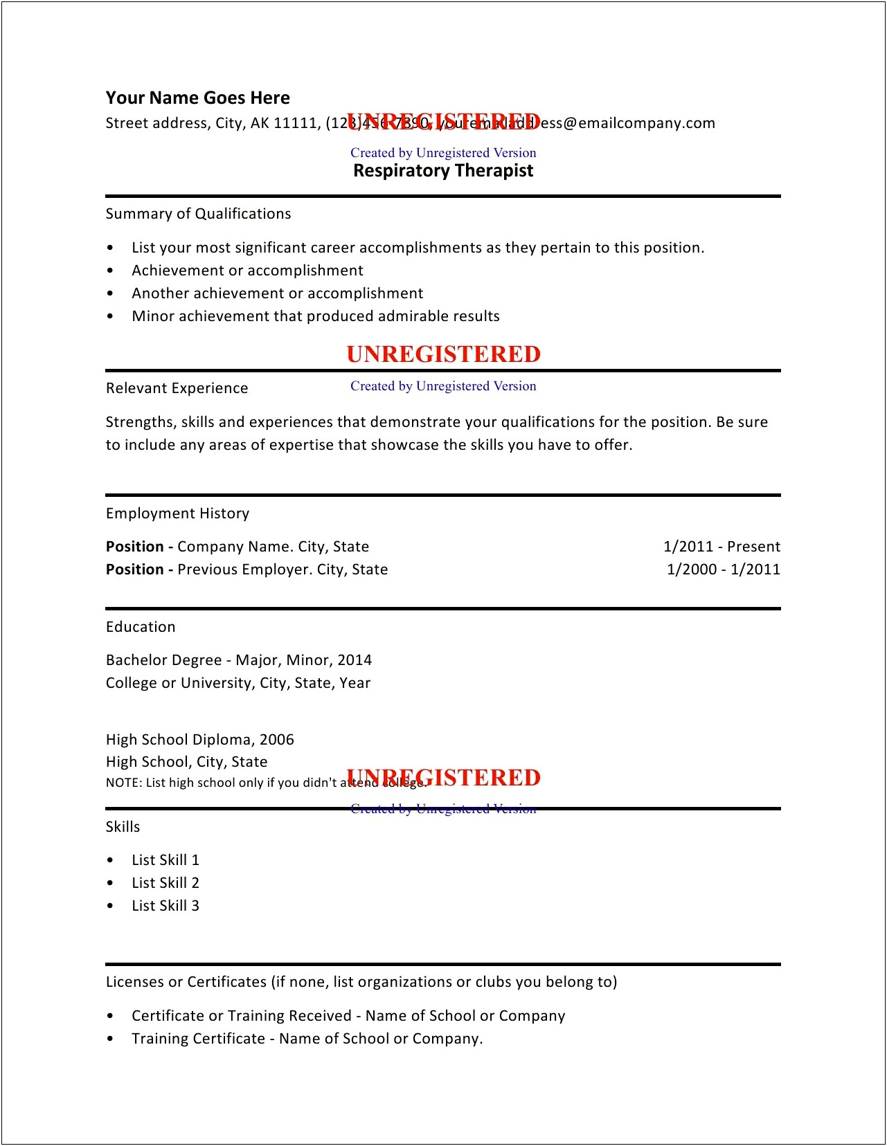 Resume Sample For Respiratory Therapist