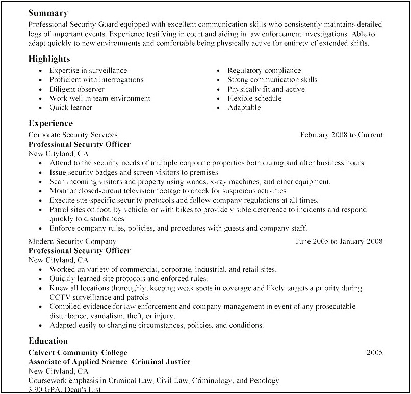 Resume Sample For Securty Guard