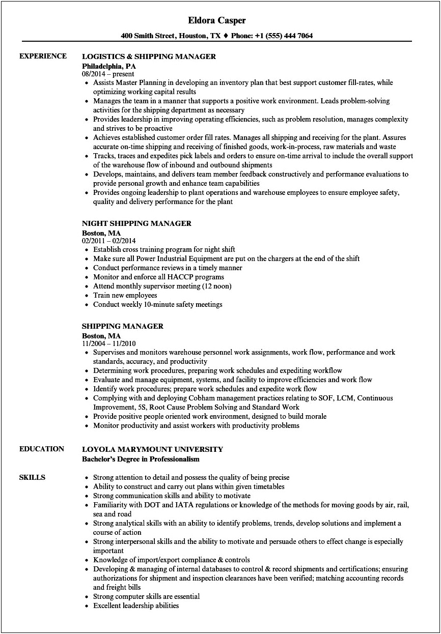 Resume Sample For Shipping And Receiving Manager