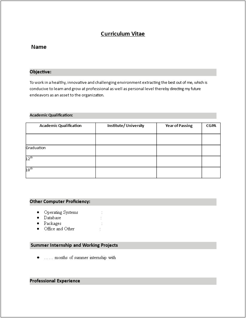 Resume Sample For Summer Internship