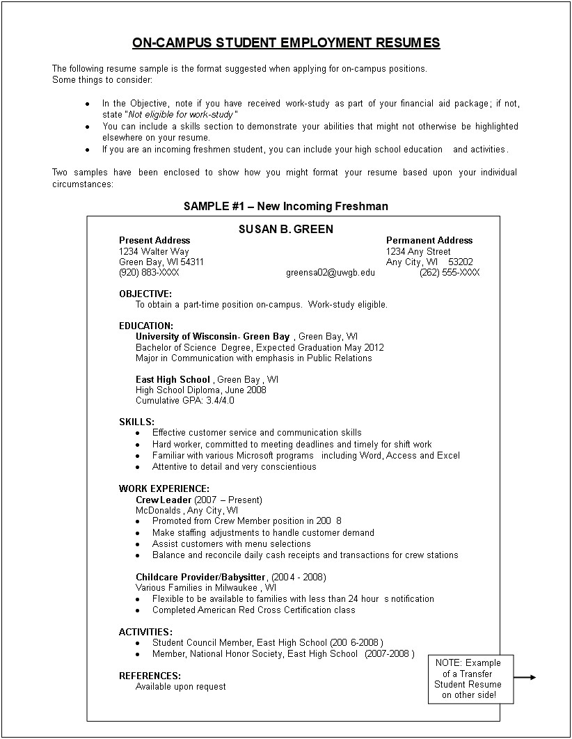 Resume Sample For Transfer Undergraduate