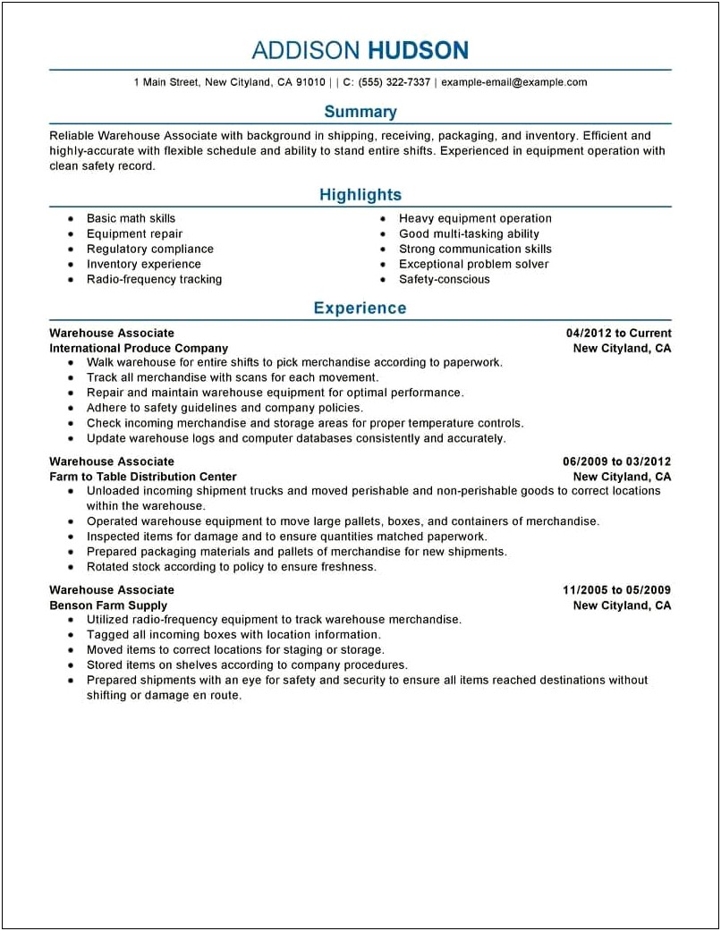 Resume Sample For Warehouse Assistant