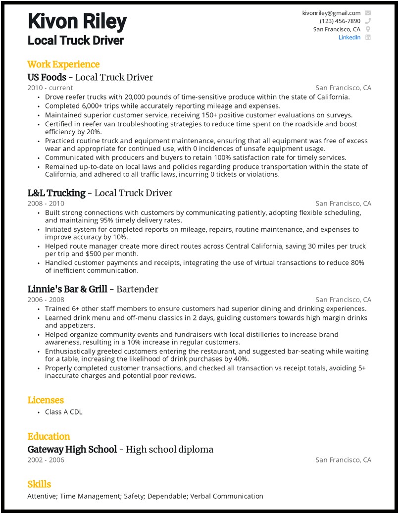 Resume Sample Free New Truck Driver