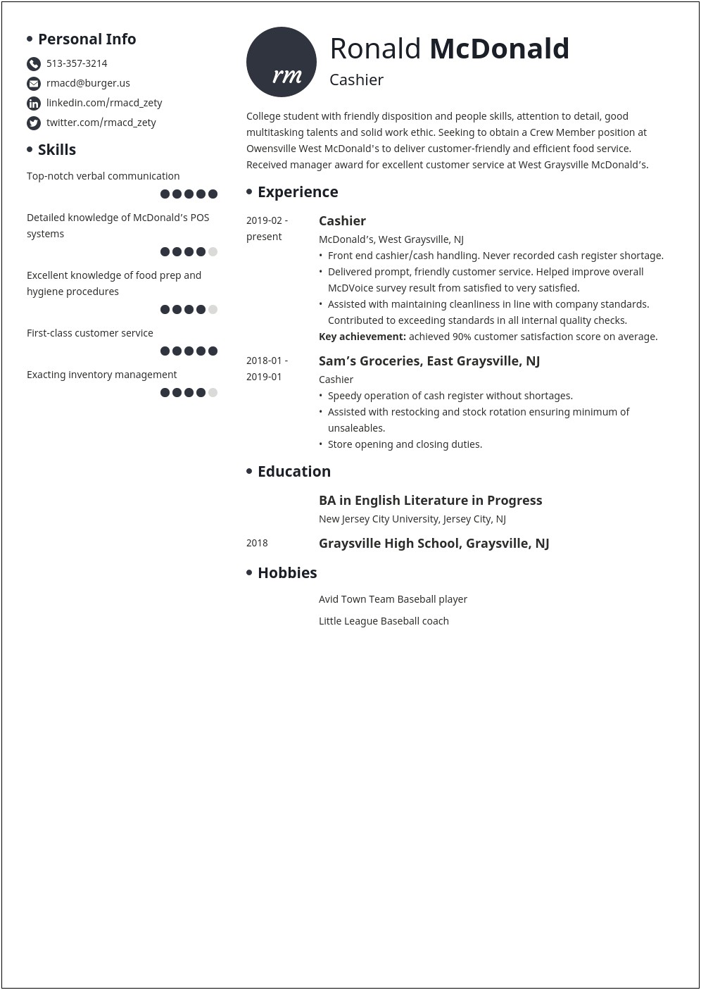 Resume Sample From A Preson Working In Mcdonalds