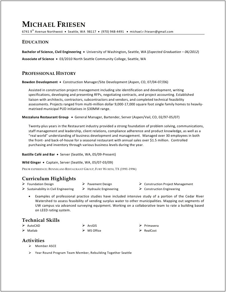 Resume Sample Front House Manager