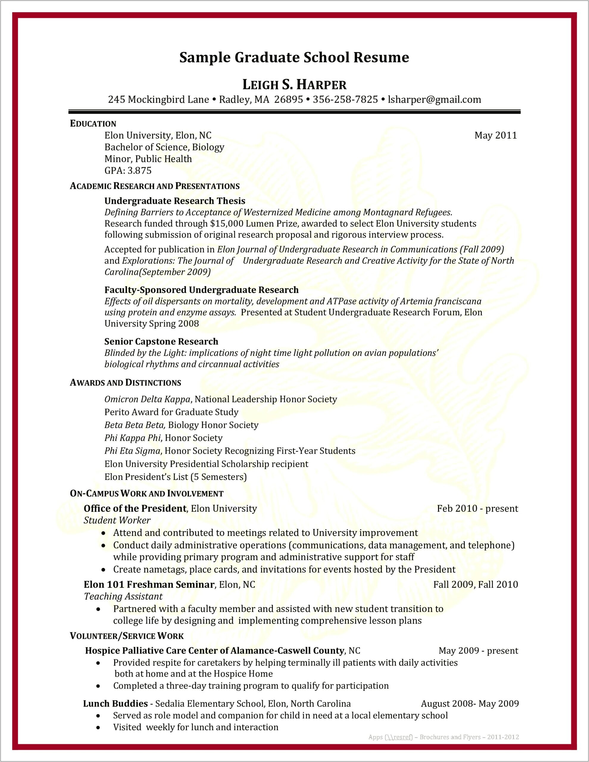 Resume Sample Graduate School Application