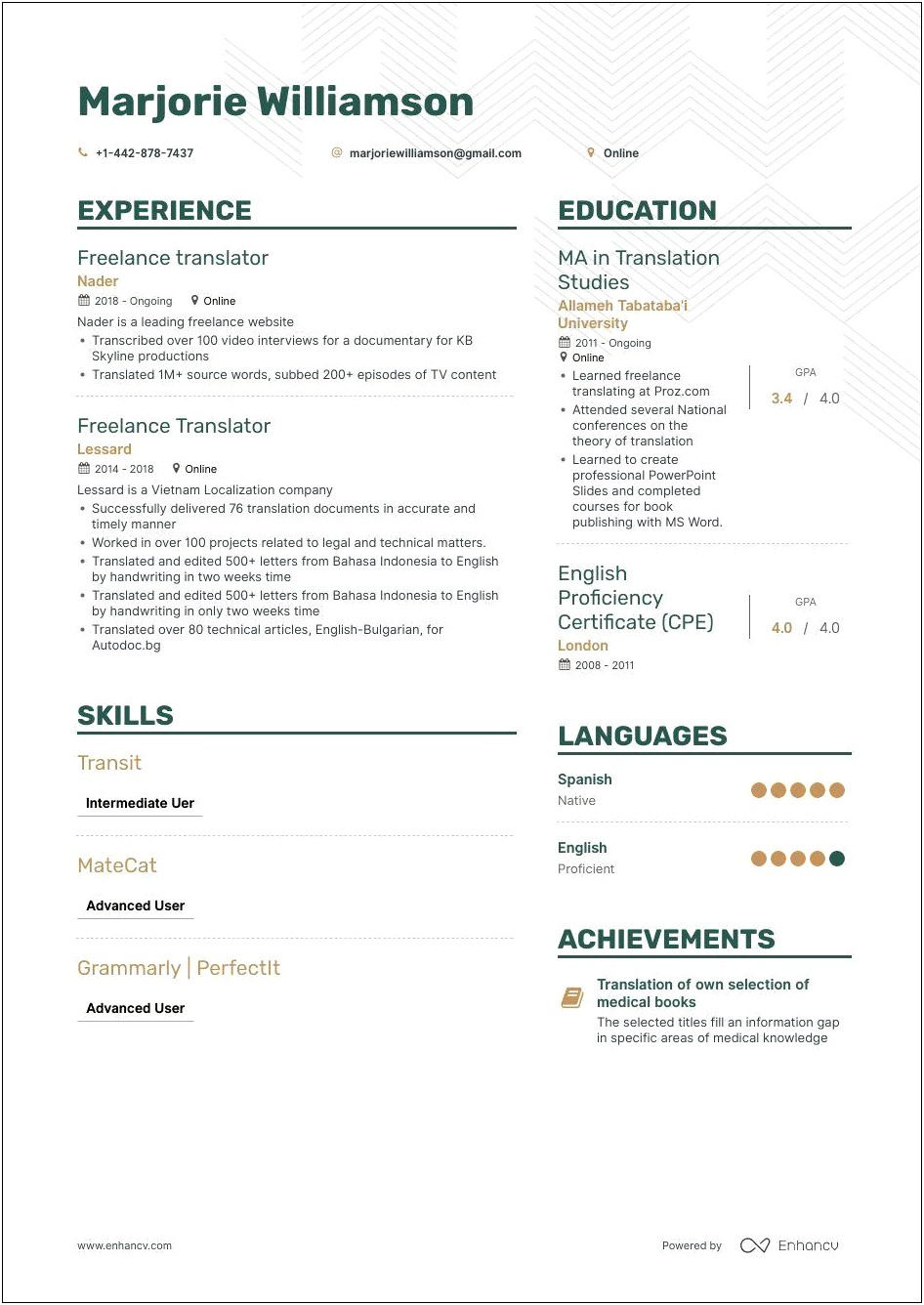 Resume Sample In English Translator