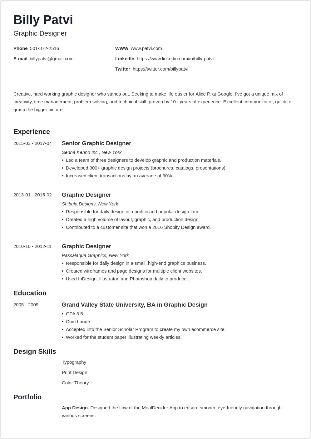 Resume Sample Multimedia Design Student