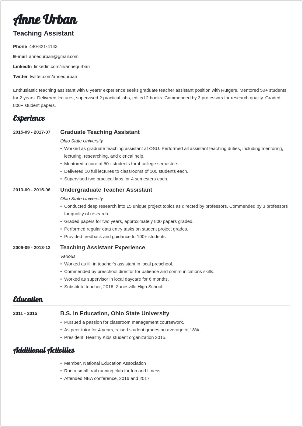 Resume Sample Of Assistant Teacher