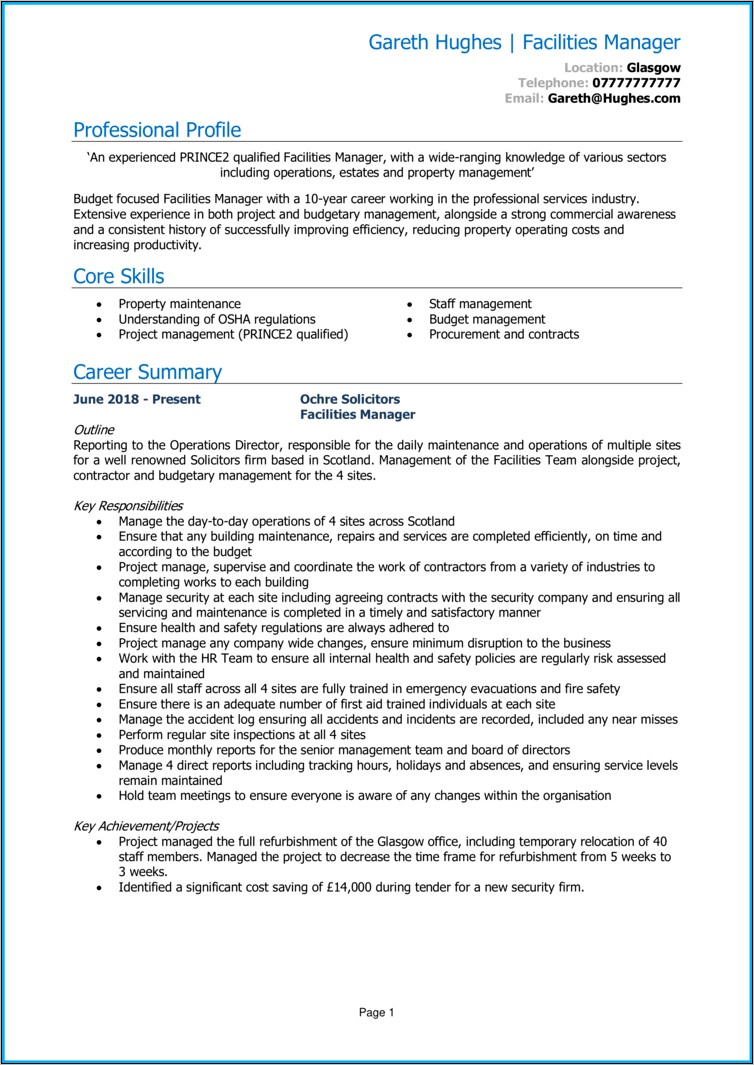 Resume Sample Of Facilities Manager