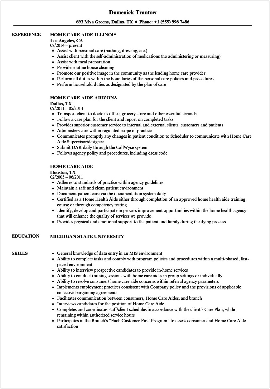 Resume Sample Personal Care Assistant