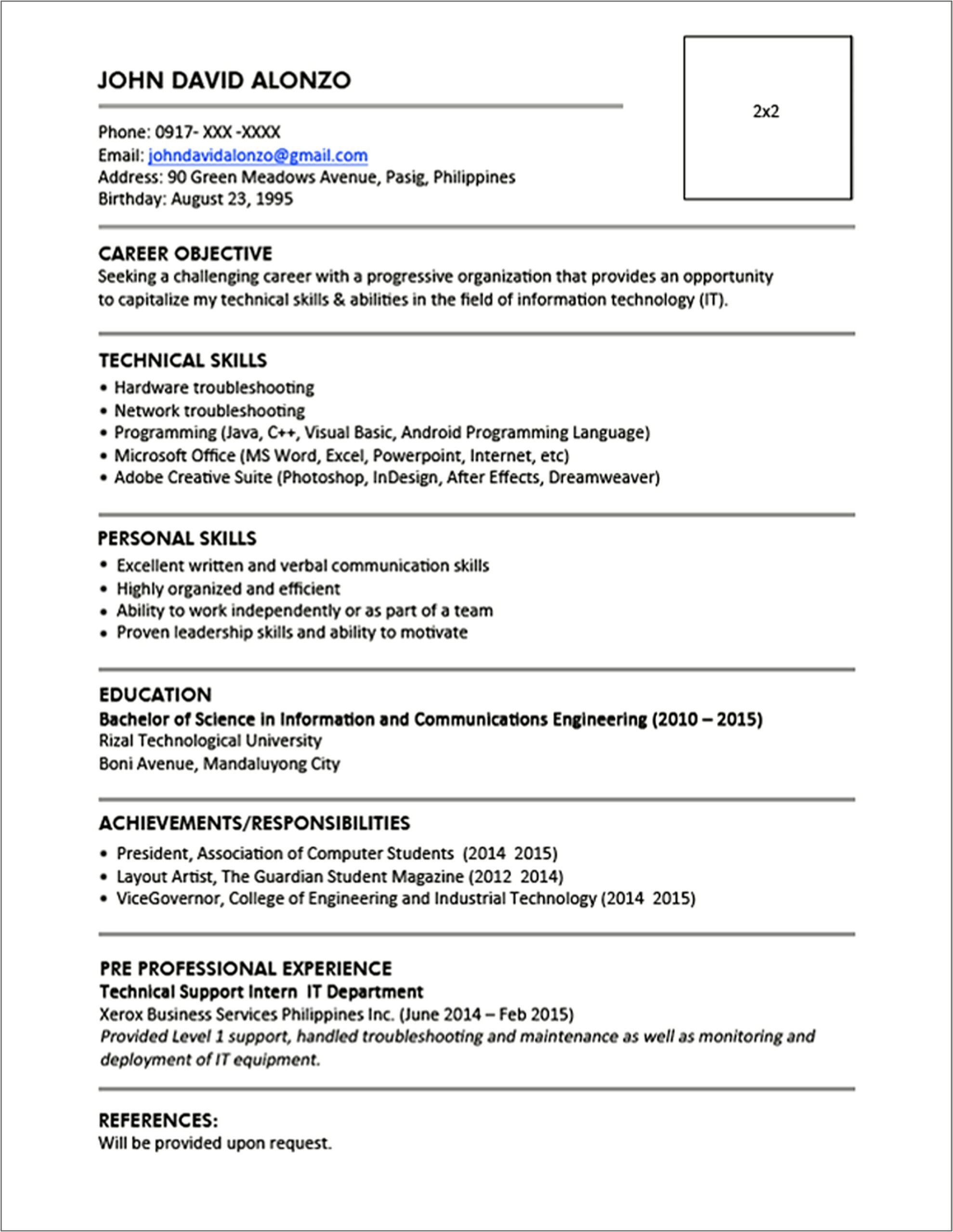 Resume Sample Philippines Fresh Graduate